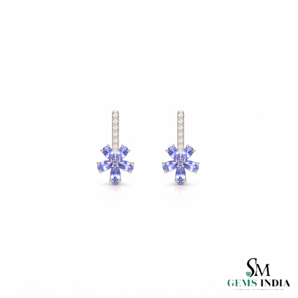 Tanzanite Flower Dangle Earrings With Diamond – Luxury Earrings Gift For Her