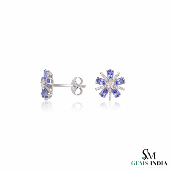 Oval Cut Tanzanite Floral Stud Earrings With Diamond - December Birthstone Earrings
