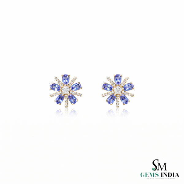 Oval Cut Tanzanite Floral Stud Earrings With Diamond - December Birthstone Earrings