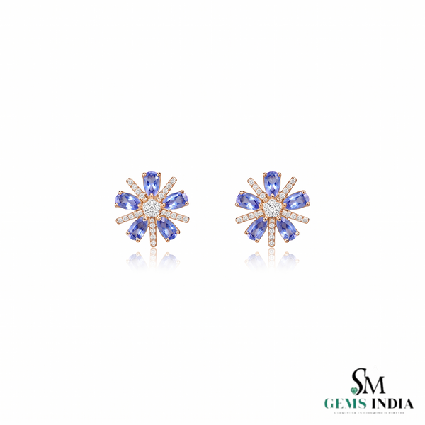 Oval Cut Tanzanite Floral Stud Earrings With Diamond - December Birthstone Earrings