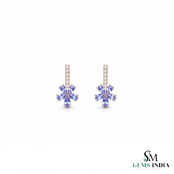 Tanzanite Flower Dangle Earrings With Diamond – Luxury Earrings Gift For Her