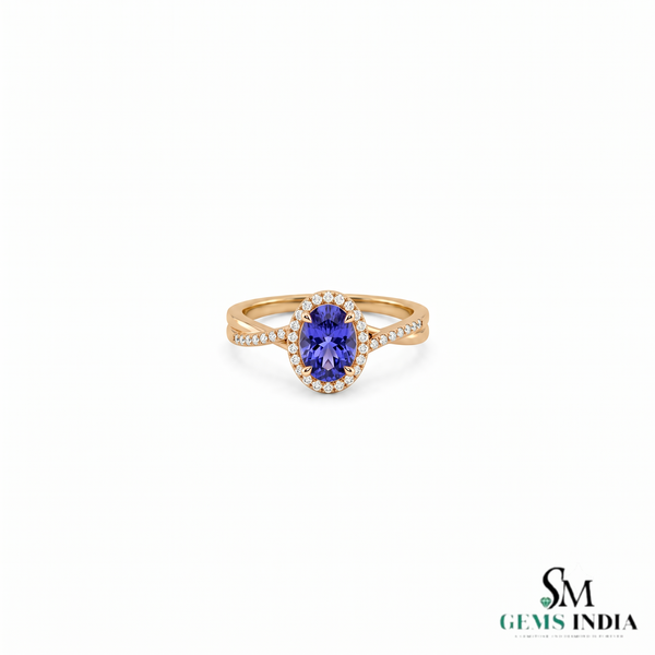 Oval Tanzanite Statement Ring With Diamond Halo and Split Band - Elegant Gemstone Jewelry