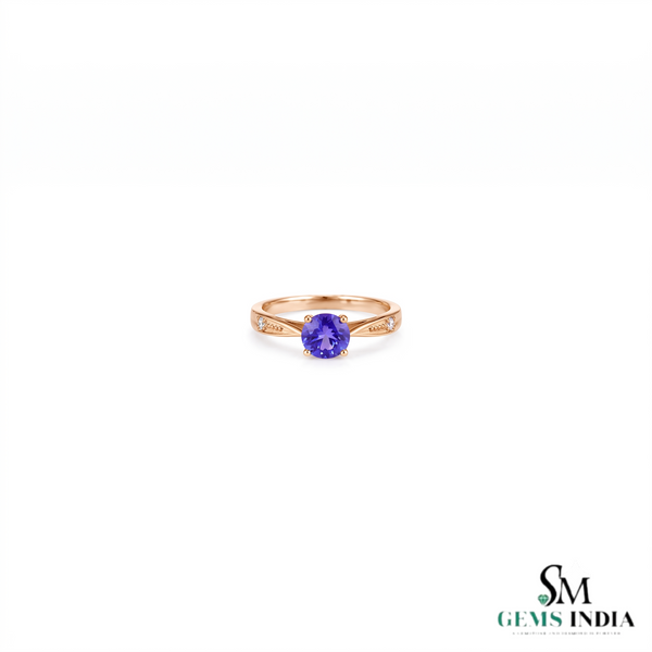 Round Cut Tanzanite Solitaire Ring With Diamond Accents - Genuine Gemstone Jewelry