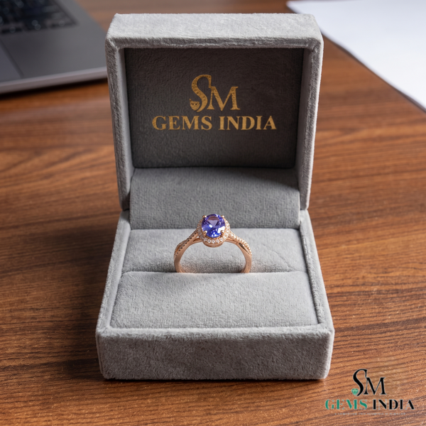 Oval Tanzanite Statement Ring With Diamond Halo and Split Band - Elegant Gemstone Jewelry