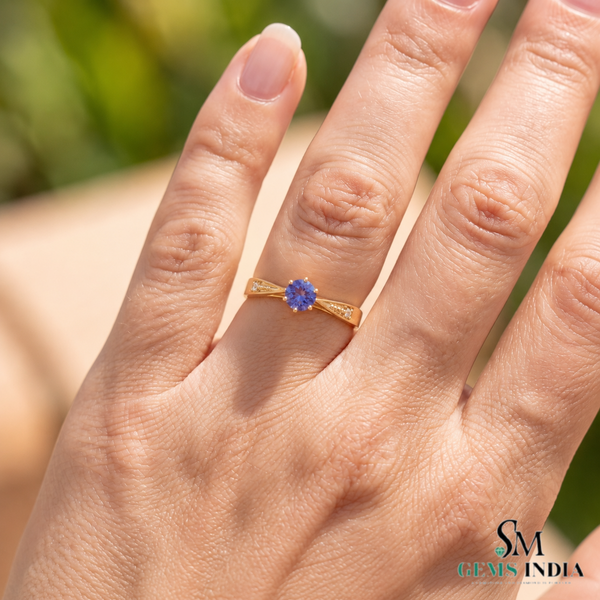 Round Cut Tanzanite Solitaire Ring With Diamond Accents - Genuine Gemstone Jewelry
