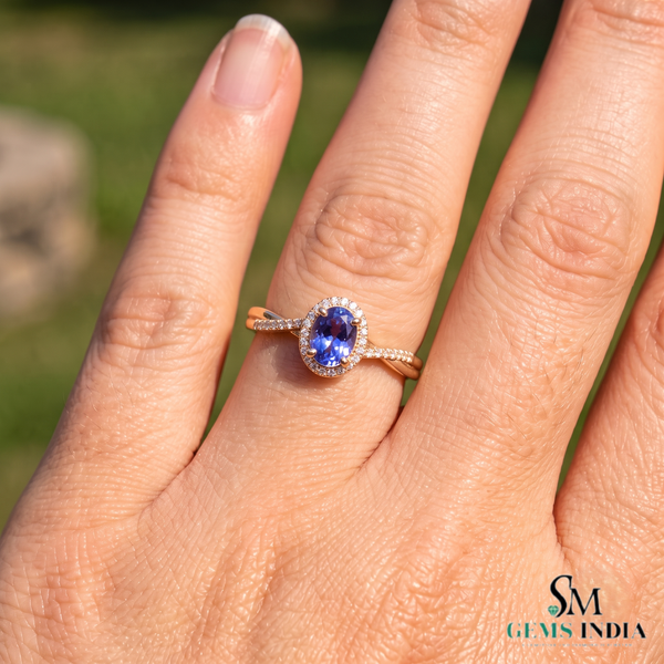 Oval Tanzanite Statement Ring With Diamond Halo and Split Band - Elegant Gemstone Jewelry