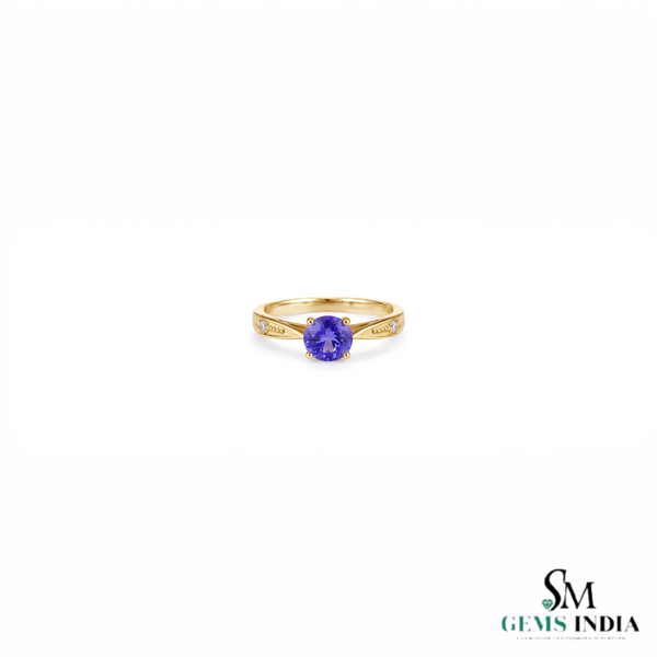Round Cut Tanzanite Solitaire Ring With Diamond Accents - Genuine Gemstone Jewelry