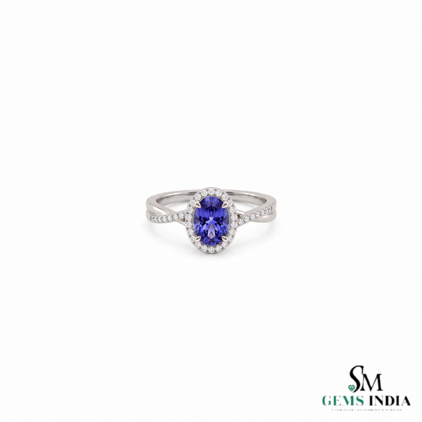 Oval Tanzanite Statement Ring With Diamond Halo and Split Band - Elegant Gemstone Jewelry