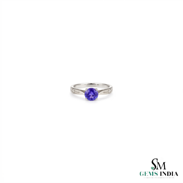 Round Cut Tanzanite Solitaire Ring With Diamond Accents - Genuine Gemstone Jewelry