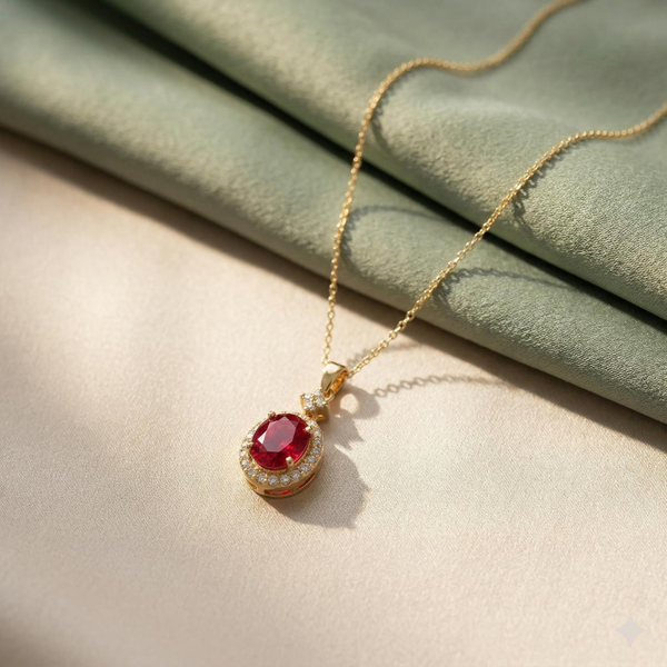 Ruby And Diamond Women Necklace In 18k Solid Gold - July Birthstone Ruby Pendant Anniversary Gift