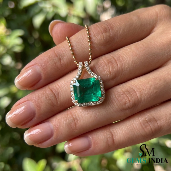 Octagon Cut Emerald & Diamond Halo Pendant - Fine Emerald Jewelry