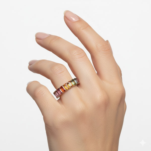 Rainbow Sapphire Eternity Band Ring: 14k Gold Prong Setting Full Eternity Band Ring