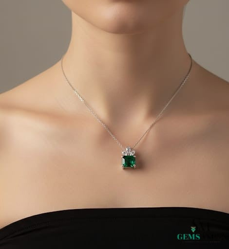 Emerald Cut Green Emerald Pendant with Diamond Cluster Bail Pendant