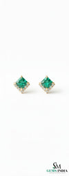 Natural Emerald Princess Cut Stud Earrings with Diamond Side Accent