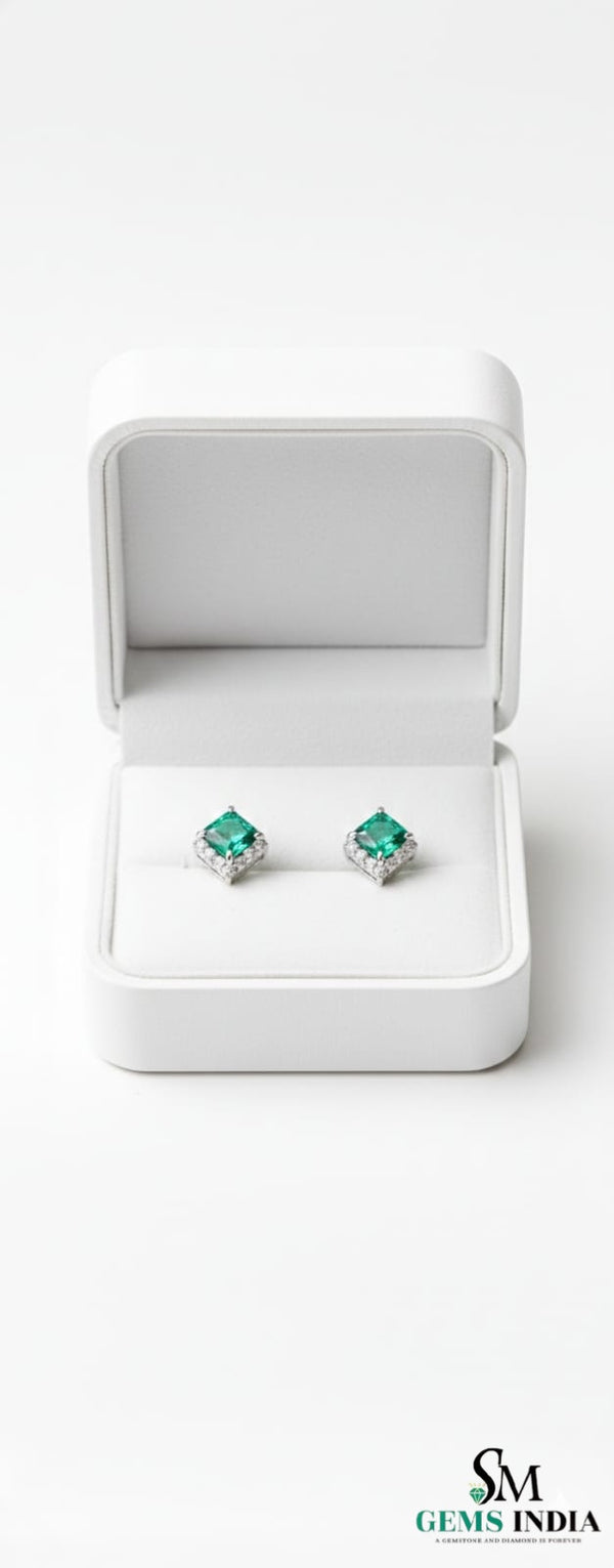 Natural Emerald Princess Cut Stud Earrings with Diamond Side Accent