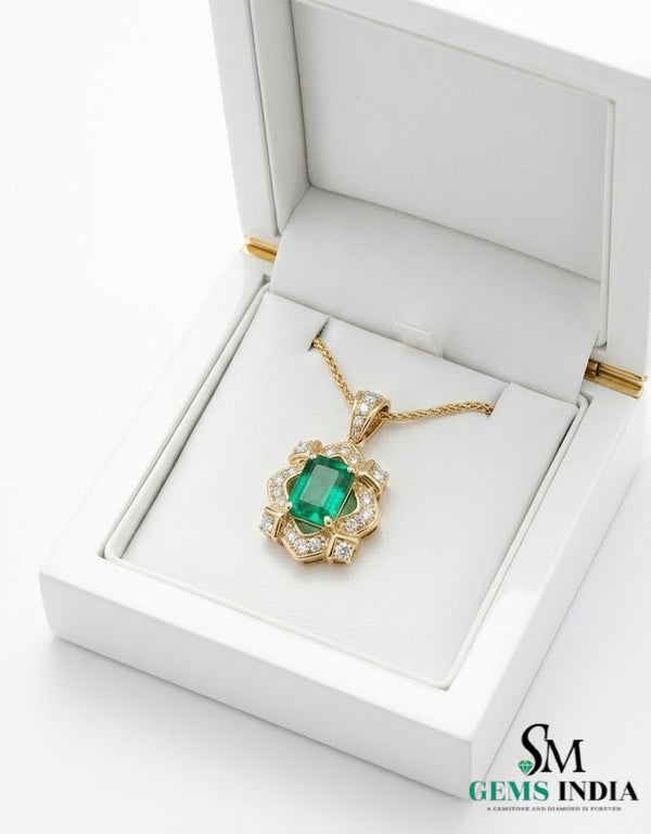 Vintage Style Emerald Cut Green Emerald Diamond Pendant