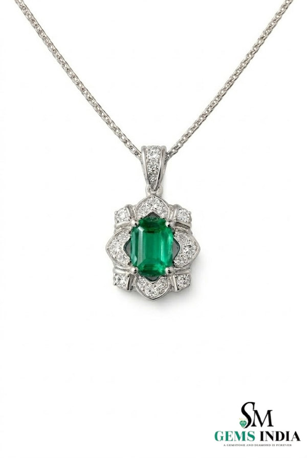 Vintage Style Emerald Cut Green Emerald Diamond Pendant