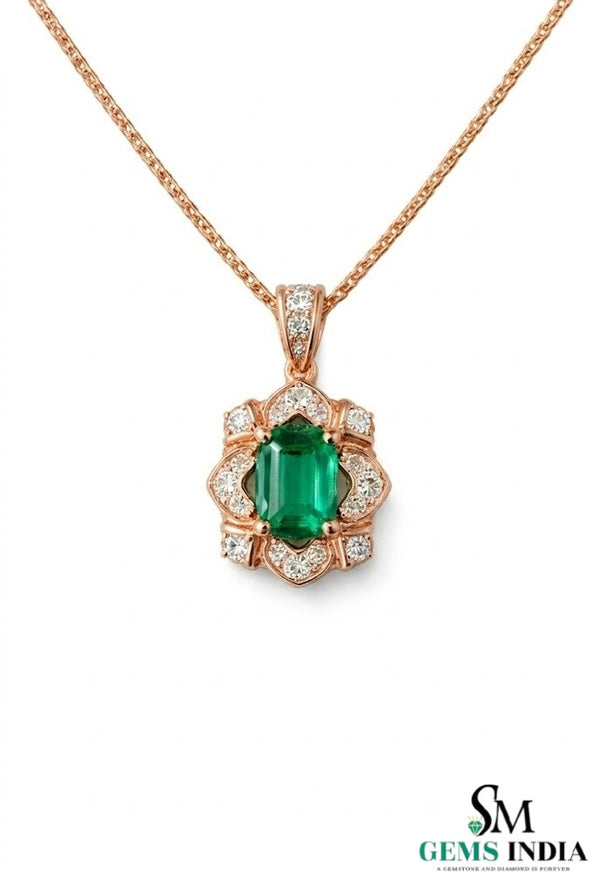 Vintage Style Emerald Cut Green Emerald Diamond Pendant