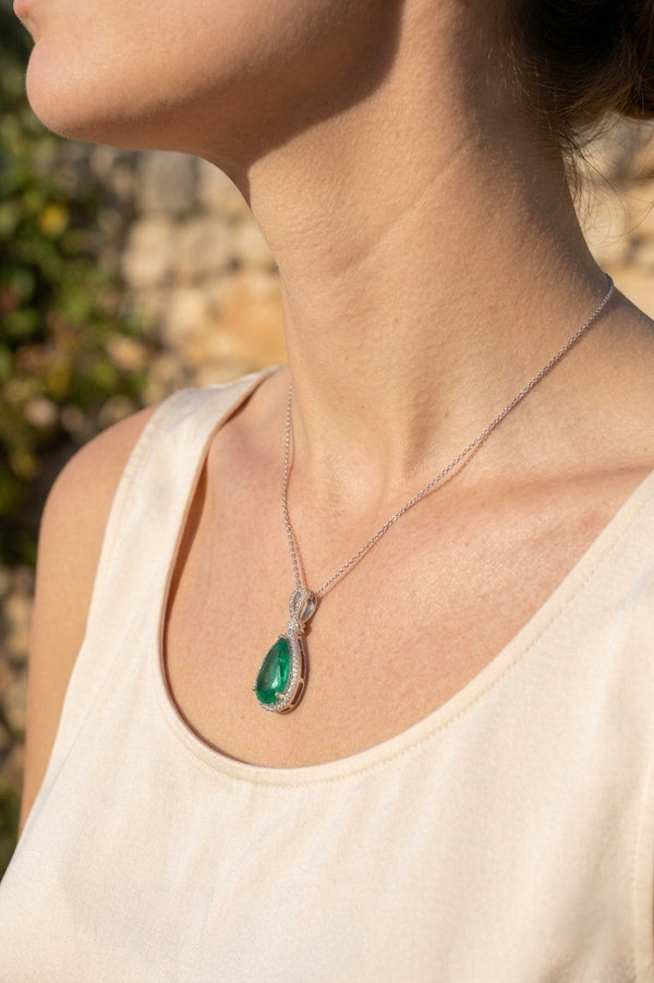 Pear-Shaped Natural Emerald & Diamond Halo Pendant - May Birthstone