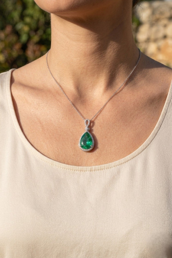 Pear-Shaped Natural Emerald & Diamond Halo Pendant - May Birthstone