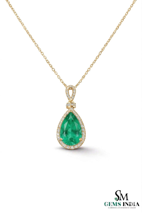 Pear-Shaped Natural Emerald & Diamond Halo Pendant - May Birthstone