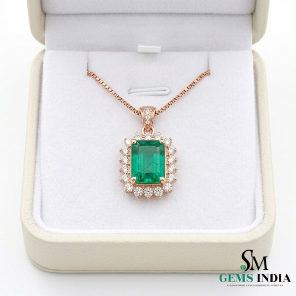 Emerald Cut Green Emerald & Diamond Halo Pendant - Fine Jewelry Emerald Pendant