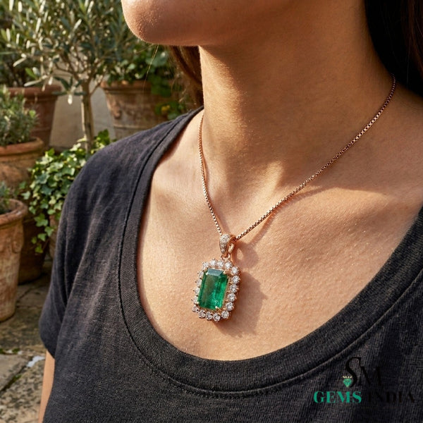 Emerald Cut Green Emerald & Diamond Halo Pendant - Fine Jewelry Emerald Pendant