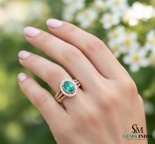 18K Oval Shape Natural May Birthstone And Diamond Engagement Ring