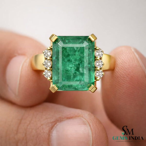 Natural Octagon Emerald & Diamond Mens Ring - 14K Solid Gold Engagement Ring