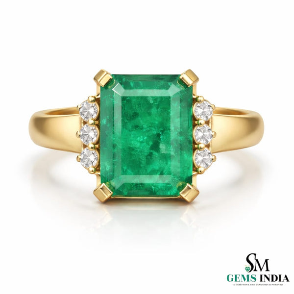 Natural Octagon Emerald & Diamond Mens Ring - 14K Solid Gold Engagement Ring
