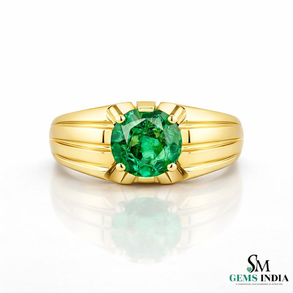Natural Men's Vivid Green Emerald Ring: 18k Solid Gold Wedding Band