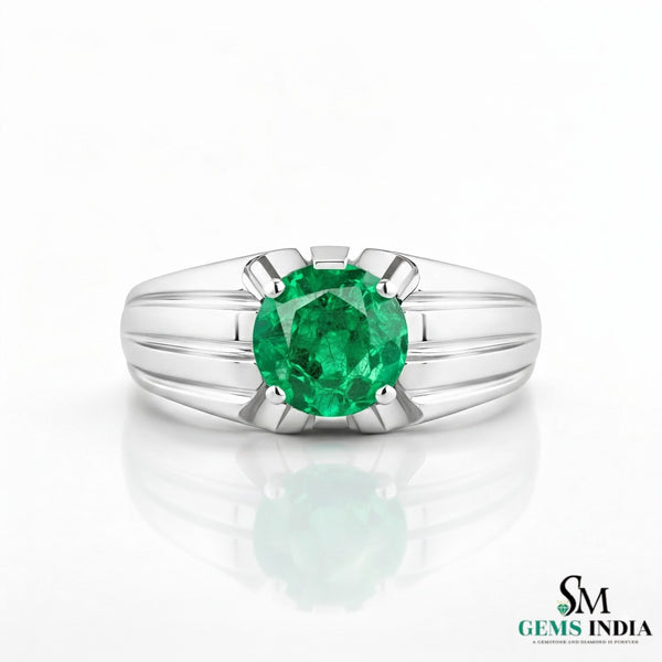 Natural Men's Vivid Green Emerald Ring: 18k Solid Gold Wedding Band