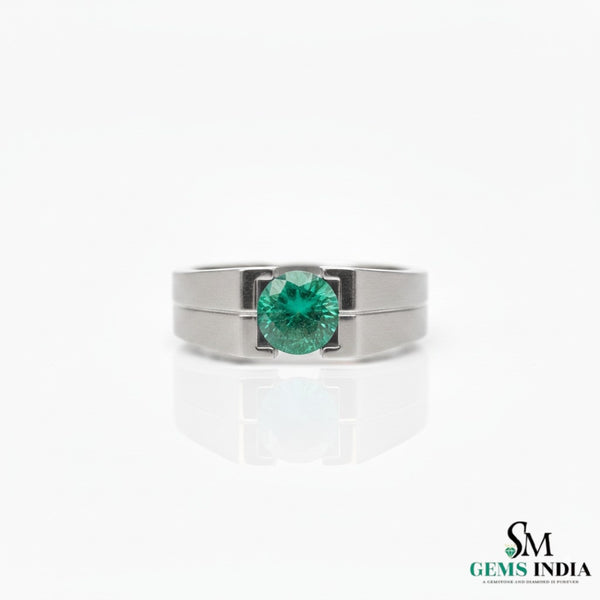 Men's 18k Gold Emerald Ring: Round Green Gemstone, May Birthstone
