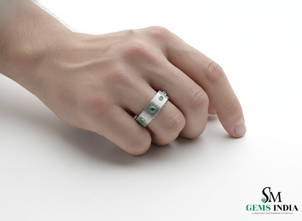Men's Wedding Natural Emerald Band Ring In 14k Solid Gold Men's Gift Emerald Band