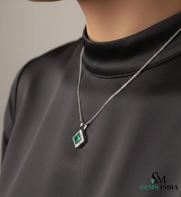 Natural Green Princess Emerald Drop Pendant with Diamond Accents