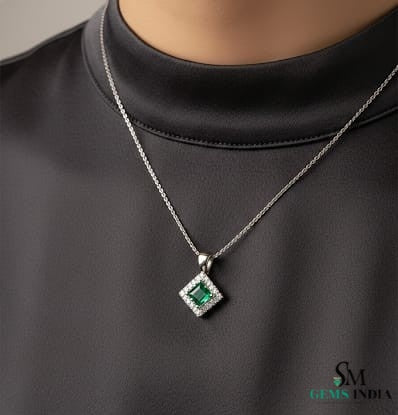 Natural Green Princess Emerald Drop Pendant with Diamond Accents