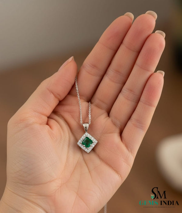 Natural Green Princess Emerald Drop Pendant with Diamond Accents