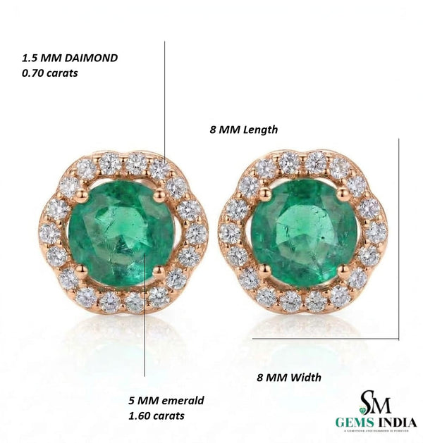 Round Emerald & Diamond Halo Stud Earrings in 14K Gold - Everyday Jewelry