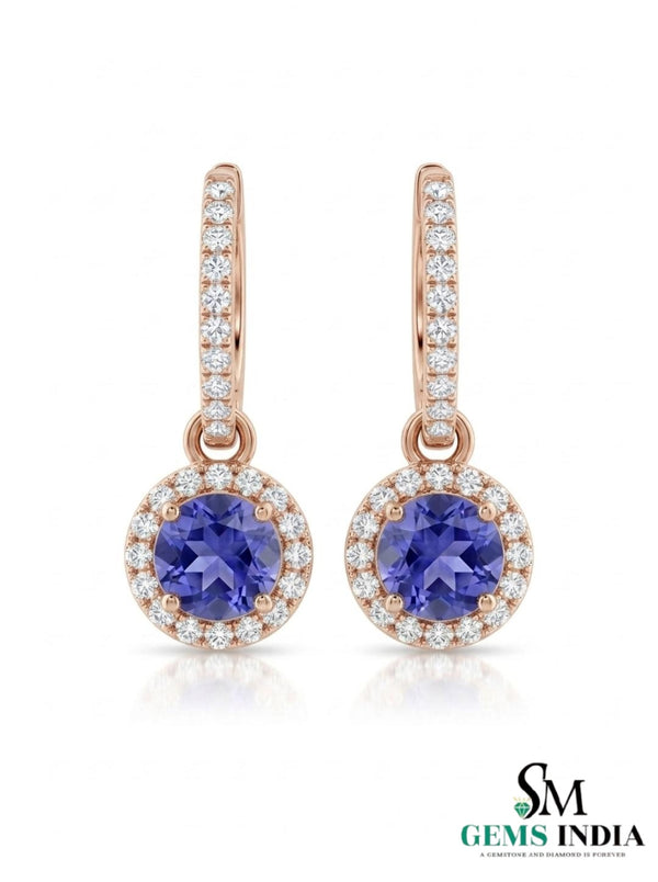 Round Tanzanite Triple Halo Diamond Dangle Earrings - Fine Jewelry