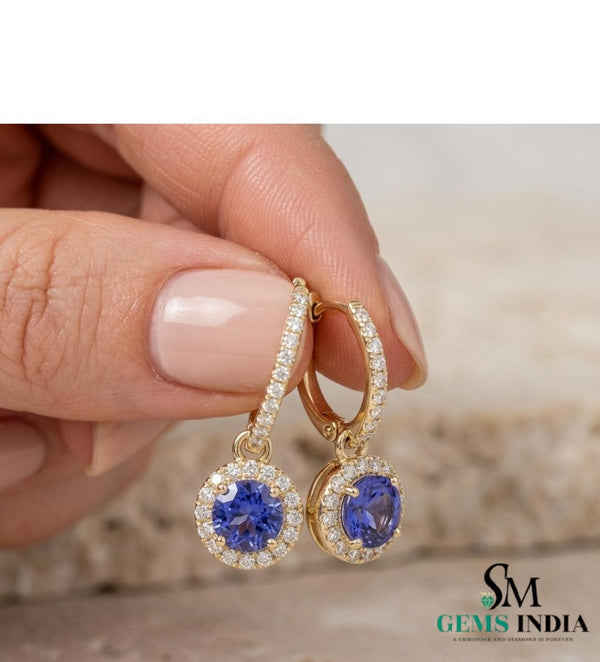 Round Tanzanite Triple Halo Diamond Dangle Earrings - Fine Jewelry