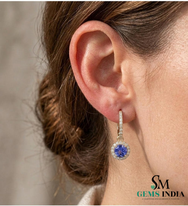 Round Tanzanite Triple Halo Diamond Dangle Earrings - Fine Jewelry