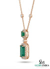 Emerald Cut Emerald Halo Pendant Necklace with Round Emerald & Diamond Accents