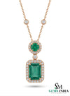 Emerald Cut Emerald Halo Pendant Necklace with Round Emerald & Diamond Accents