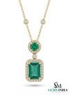 Emerald Cut Emerald Halo Pendant Necklace with Round Emerald & Diamond Accents