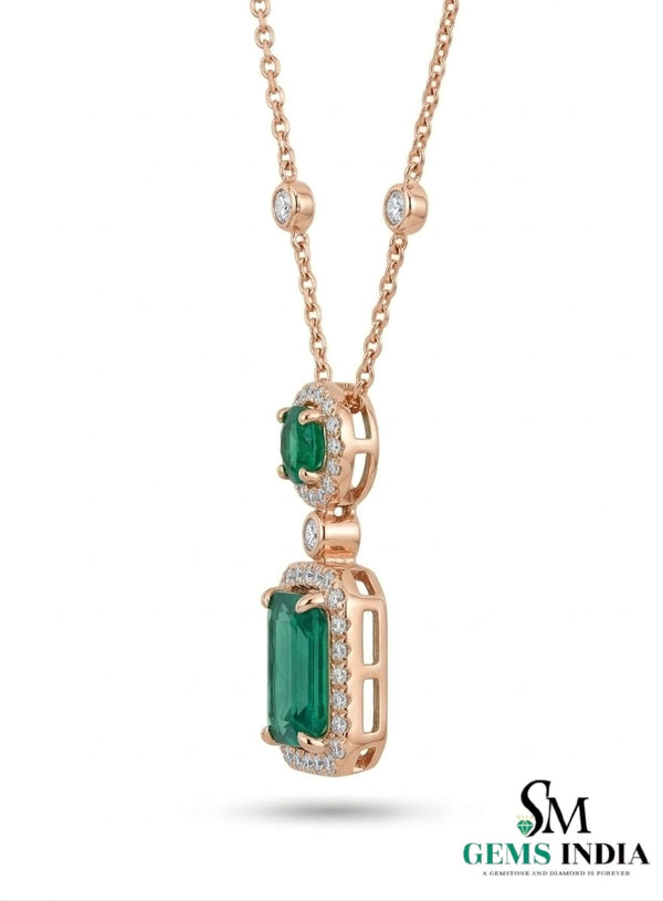 Emerald Cut Emerald Halo Pendant Necklace with Round Emerald & Diamond Accents