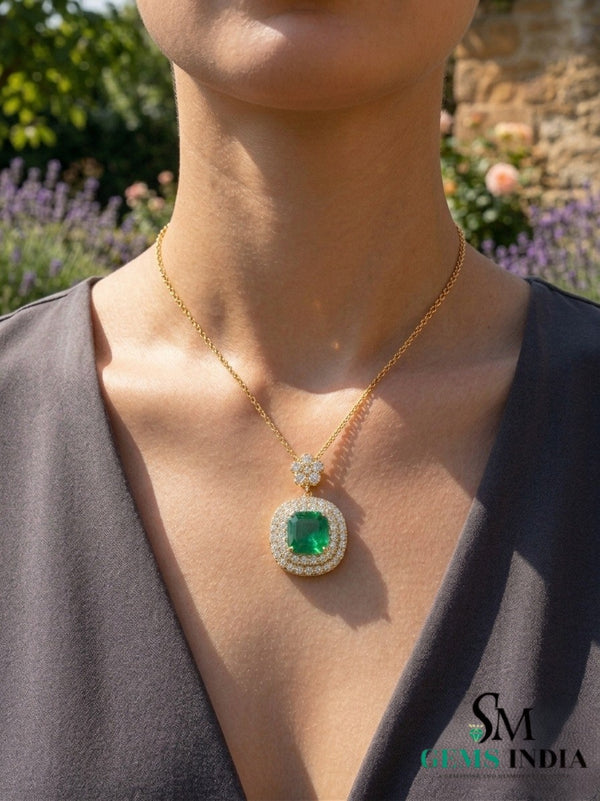 Cushion Cut Natural Emerald Pendant with Diamond Halo - Minimalist Fine Jewelry