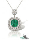 Cushion Cut Natural Emerald Pendant with Diamond Halo - Minimalist Fine Jewelry