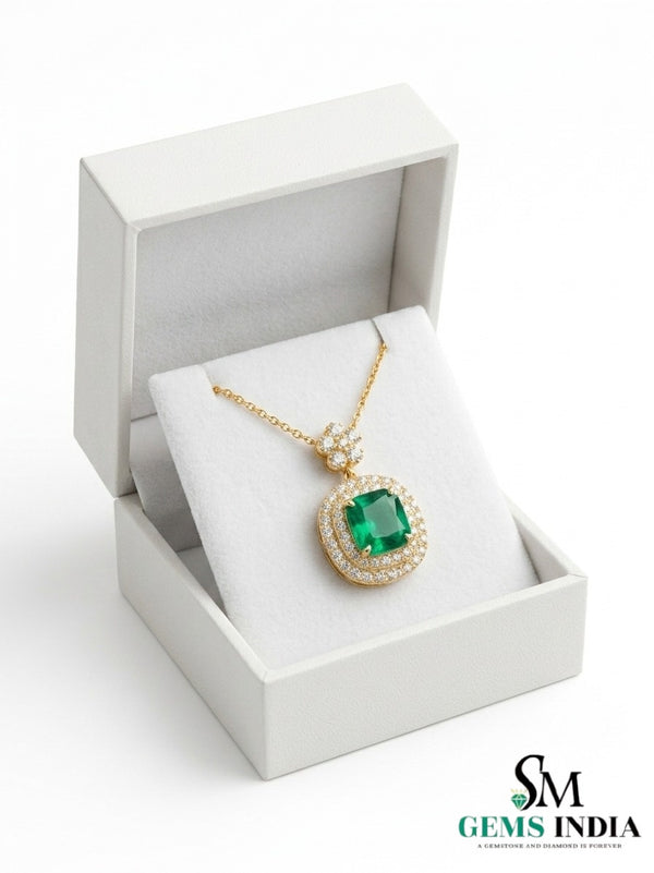 Cushion Cut Natural Emerald Pendant with Diamond Halo - Minimalist Fine Jewelry