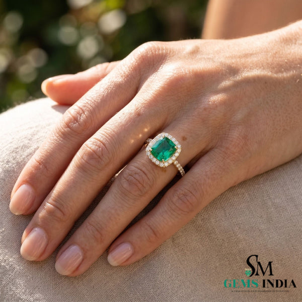 Verlobungsring mit 2 Karat Natur-Smaragd im Kissenschliff in 14 Karat Gold, minimalistischer, feiner Schmuck.
