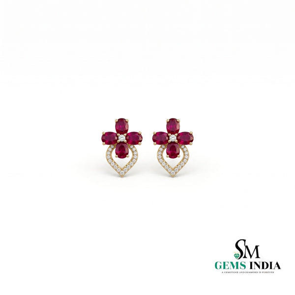 Ruby Floral Oval Halo Stud Earrings - Diamond Accent Flower Fine Jewelry